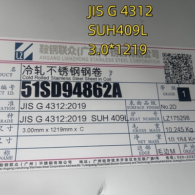 JIS G4312 SUH409L SUS409L Kaltgewalzte Edelstahlplatte 1,5 mm Finish 2D für Abgassysteme