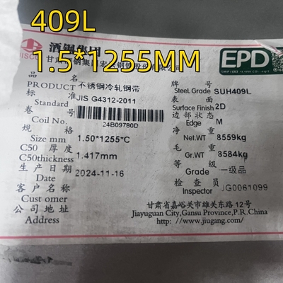 JIS G4312 SUH409L SUS409L Kaltgewalzte Edelstahlplatte 1,5 mm Finish 2D für Abgassysteme